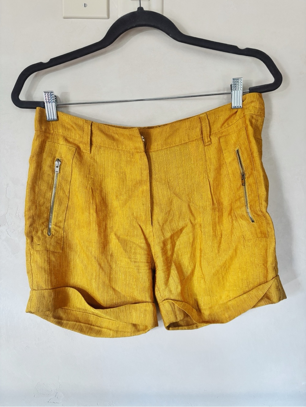 CNC Mustard Yellow High Waist Linen-Blend Shorts